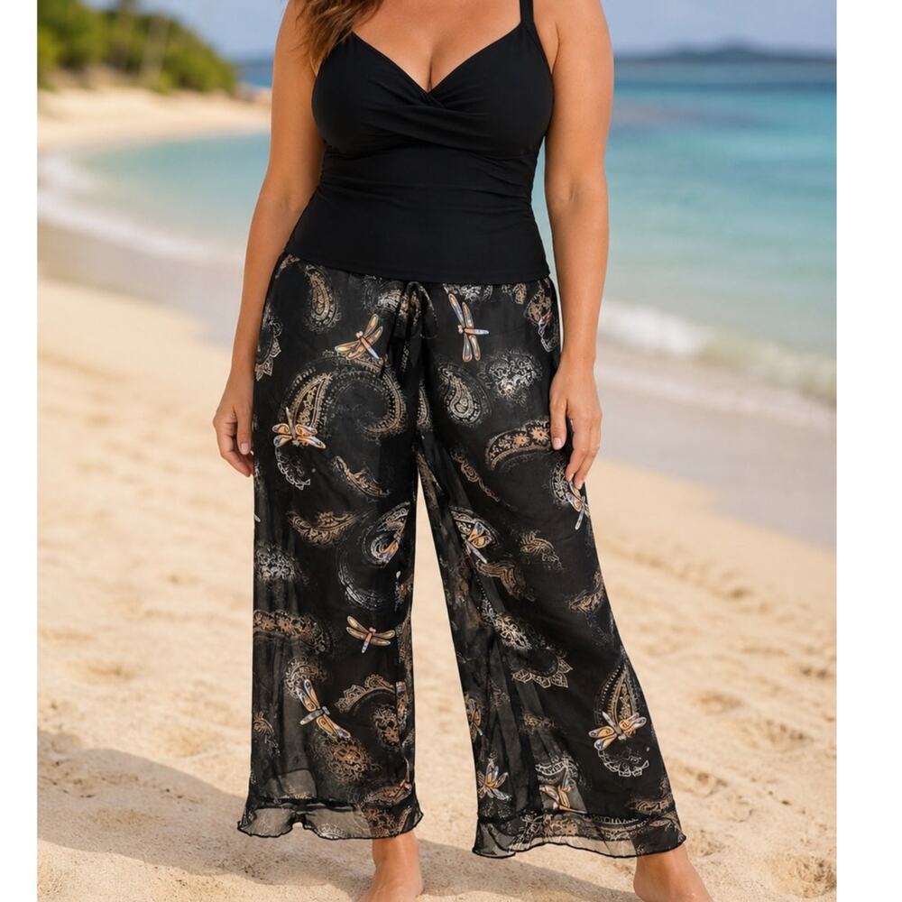 Y2K Sheer Dragonfly Sheer Pants Black Womens Large Swim Coverup Bohemian Boho